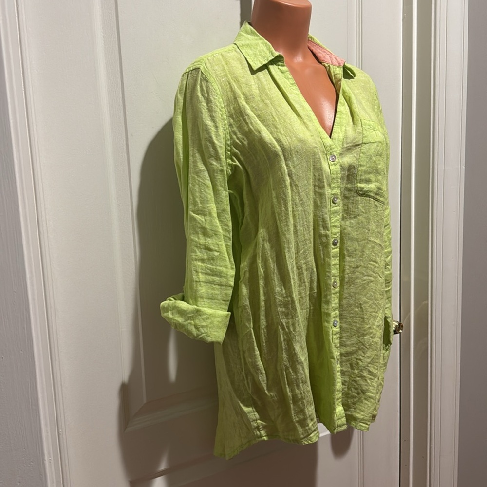 SIGRID OLSEN Linen Shirt Green L/S Roll Cuff V Neck Point Collar S Small EUC $98 - Picture 6 of 13